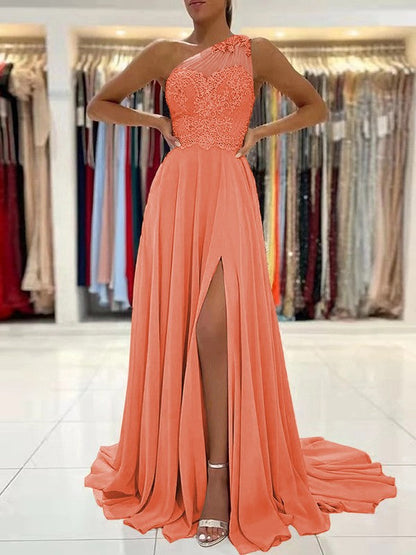 A-Line/Princess Chiffon Lace One-Shoulder Sleeveless Sweep/Brush Train Prom Dress