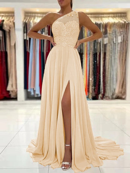 A-Line/Princess Chiffon Lace One-Shoulder Sleeveless Sweep/Brush Train Prom Dress