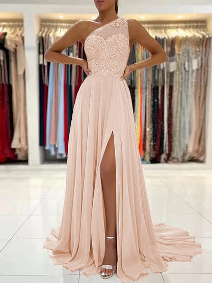 A-Line/Princess Chiffon Lace One-Shoulder Sleeveless Sweep/Brush Train Prom Dress