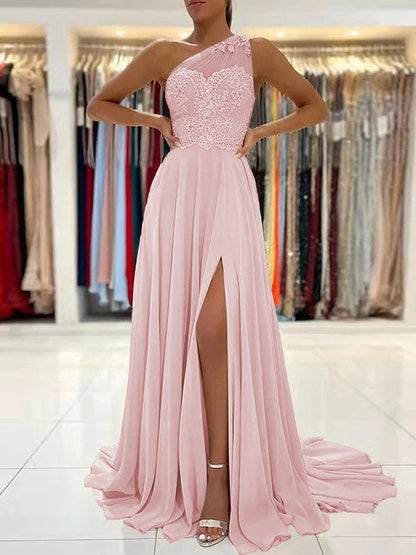 A-Line/Princess Chiffon Lace One-Shoulder Sleeveless Sweep/Brush Train Prom Dress