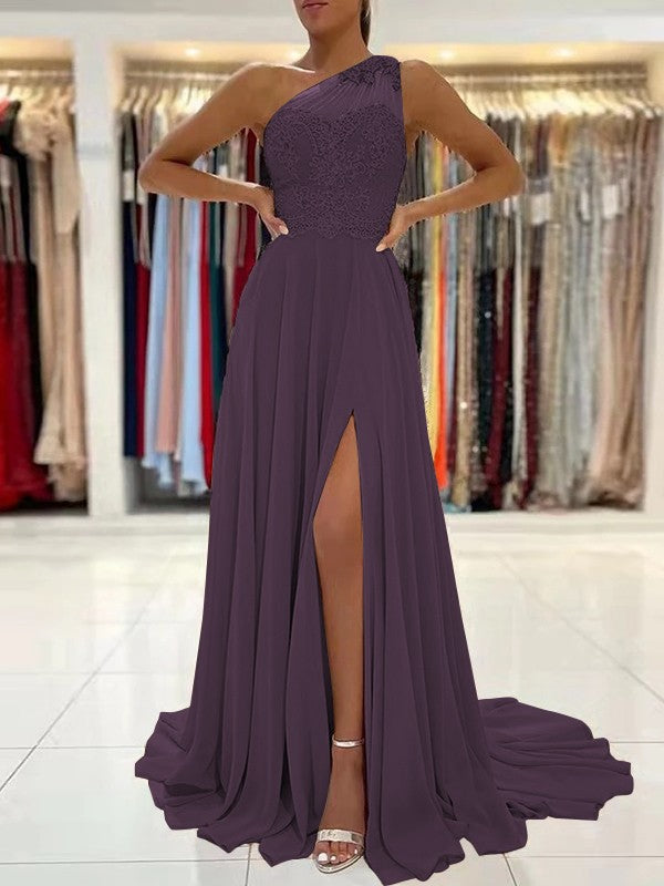 A-Line/Princess Chiffon Lace One-Shoulder Sleeveless Sweep/Brush Train Prom Dress