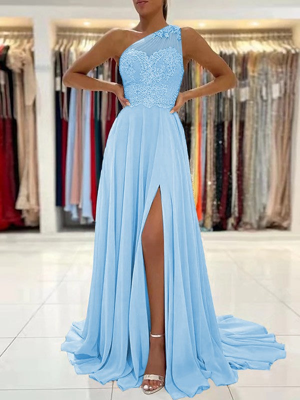 A-Line/Princess Chiffon Lace One-Shoulder Sleeveless Sweep/Brush Train Prom Dress
