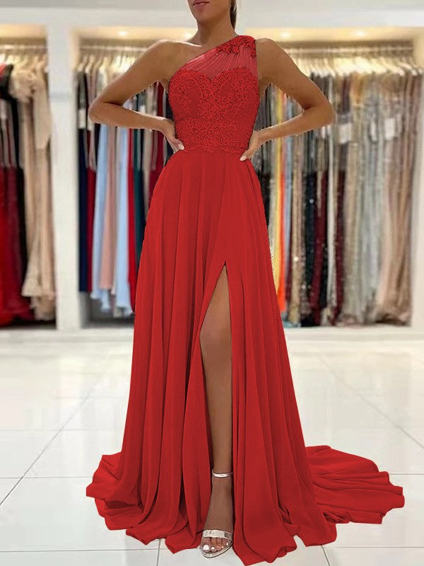 A-Line/Princess Chiffon Lace One-Shoulder Sleeveless Sweep/Brush Train Prom Dress