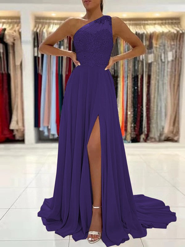 A-Line/Princess Chiffon Lace One-Shoulder Sleeveless Sweep/Brush Train Prom Dress