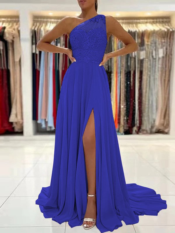 A-Line/Princess Chiffon Lace One-Shoulder Sleeveless Sweep/Brush Train Prom Dress
