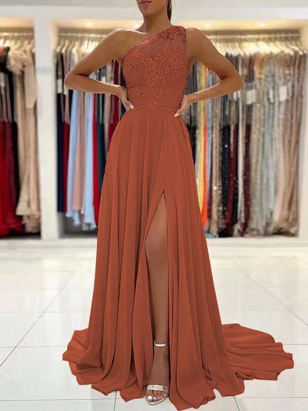 A-Line/Princess Chiffon Lace One-Shoulder Sleeveless Sweep/Brush Train Prom Dress