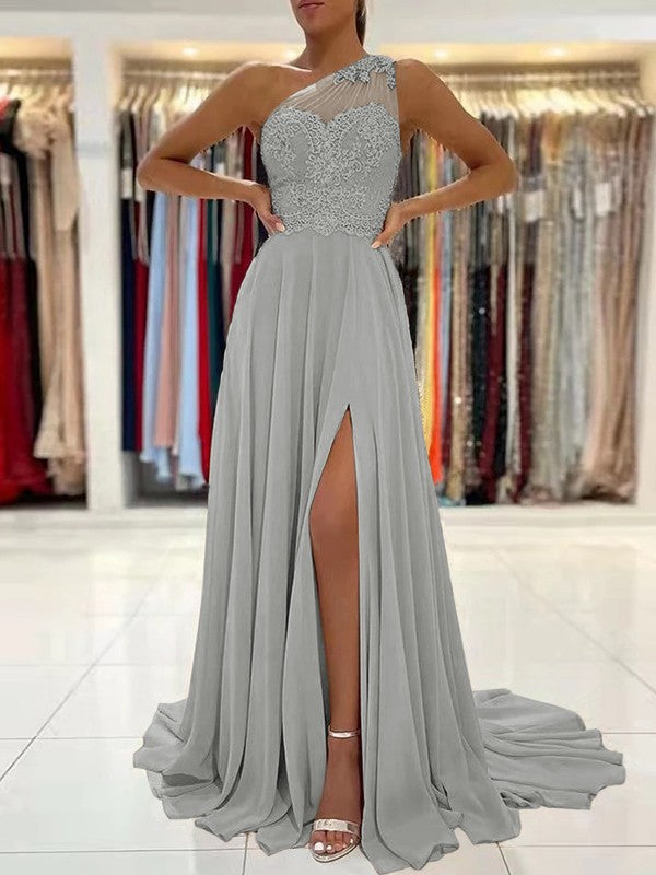 A-Line/Princess Chiffon Lace One-Shoulder Sleeveless Sweep/Brush Train Prom Dress