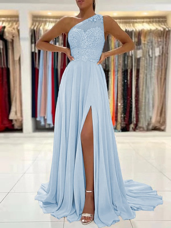 A-Line/Princess Chiffon Lace One-Shoulder Sleeveless Sweep/Brush Train Prom Dress