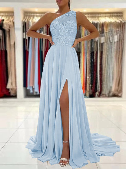 A-Line/Princess Chiffon Lace One-Shoulder Sleeveless Sweep/Brush Train Prom Dress