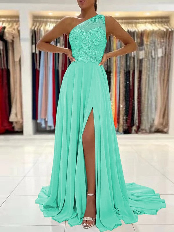 A-Line/Princess Chiffon Lace One-Shoulder Sleeveless Sweep/Brush Train Prom Dress