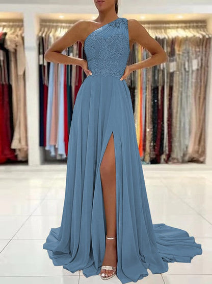 A-Line/Princess Chiffon Lace One-Shoulder Sleeveless Sweep/Brush Train Prom Dress