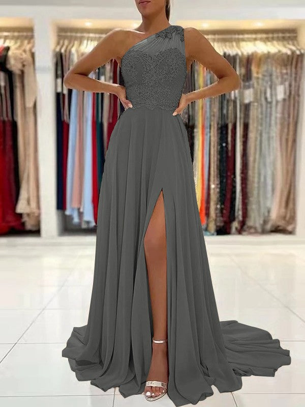 A-Line/Princess Chiffon Lace One-Shoulder Sleeveless Sweep/Brush Train Prom Dress