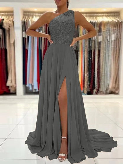 A-Line/Princess Chiffon Lace One-Shoulder Sleeveless Sweep/Brush Train Prom Dress