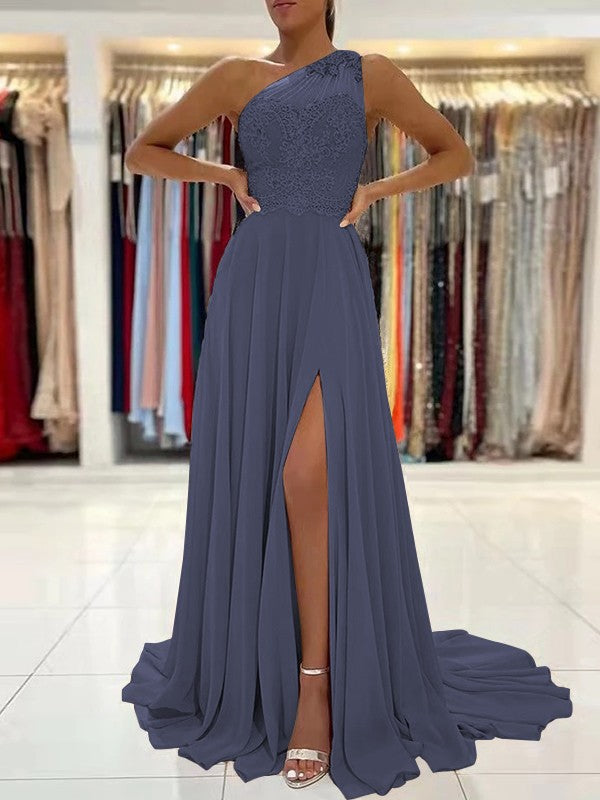 A-Line/Princess Chiffon Lace One-Shoulder Sleeveless Sweep/Brush Train Prom Dress
