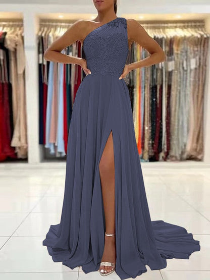 A-Line/Princess Chiffon Lace One-Shoulder Sleeveless Sweep/Brush Train Prom Dress