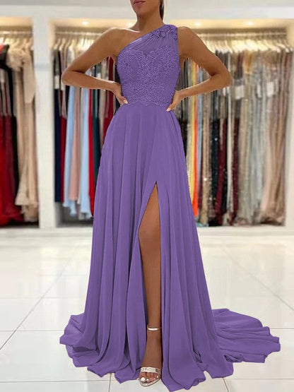 A-Line/Princess Chiffon Lace One-Shoulder Sleeveless Sweep/Brush Train Prom Dress