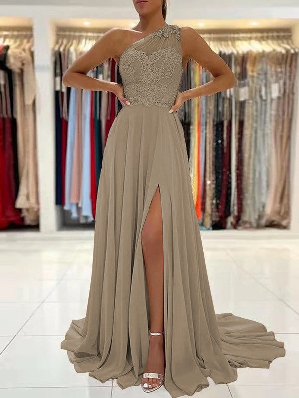 A-Line/Princess Chiffon Lace One-Shoulder Sleeveless Sweep/Brush Train Prom Dress