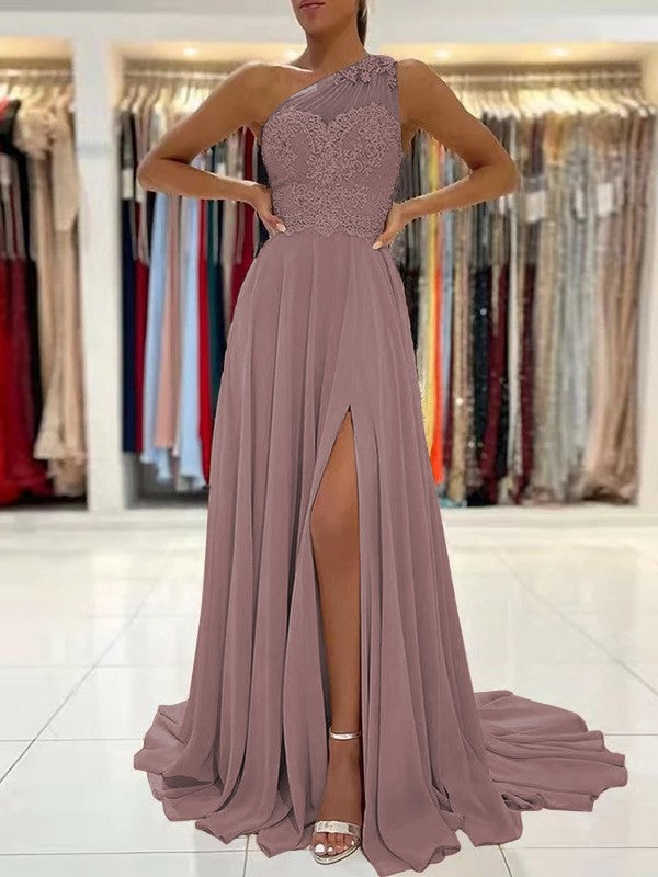 A-Line/Princess Chiffon Lace One-Shoulder Sleeveless Sweep/Brush Train Prom Dress