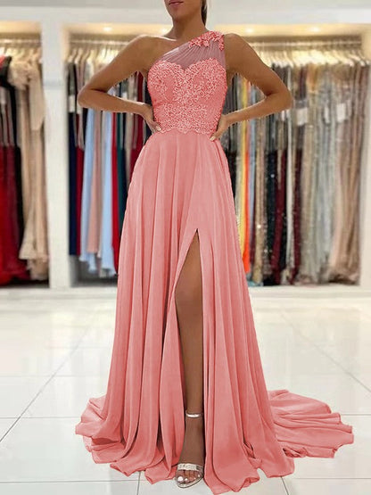 A-Line/Princess Chiffon Lace One-Shoulder Sleeveless Sweep/Brush Train Prom Dress