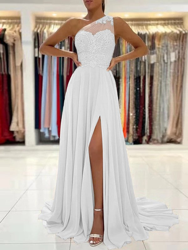 A-Line/Princess Chiffon Lace One-Shoulder Sleeveless Sweep/Brush Train Prom Dress