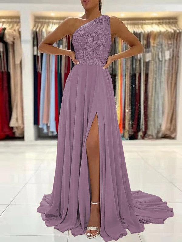 A-Line/Princess Chiffon Lace One-Shoulder Sleeveless Sweep/Brush Train Prom Dress