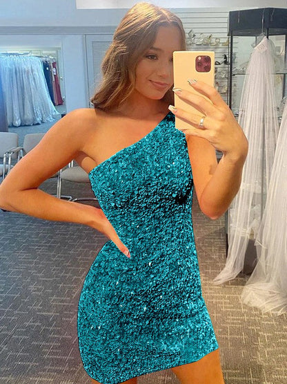 Confident Option Sheath Velvet Sequins One-Shoulder Sleeveless Short/Mini Prom Dress