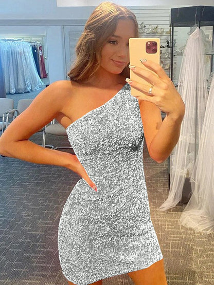 Confident Option Sheath Velvet Sequins One-Shoulder Sleeveless Short/Mini Prom Dress