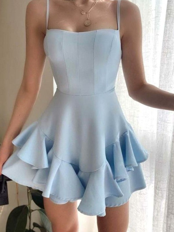 Naturally Chic Princess Style Stretch Crepe Ruffles Spaghetti Straps Sleeveless Short/Mini Homecoming Dress