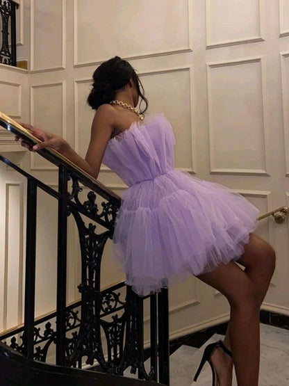Visual Moment Princess Style Tulle Ruffles Strapless Sleeveless Short/Mini Prom Dress