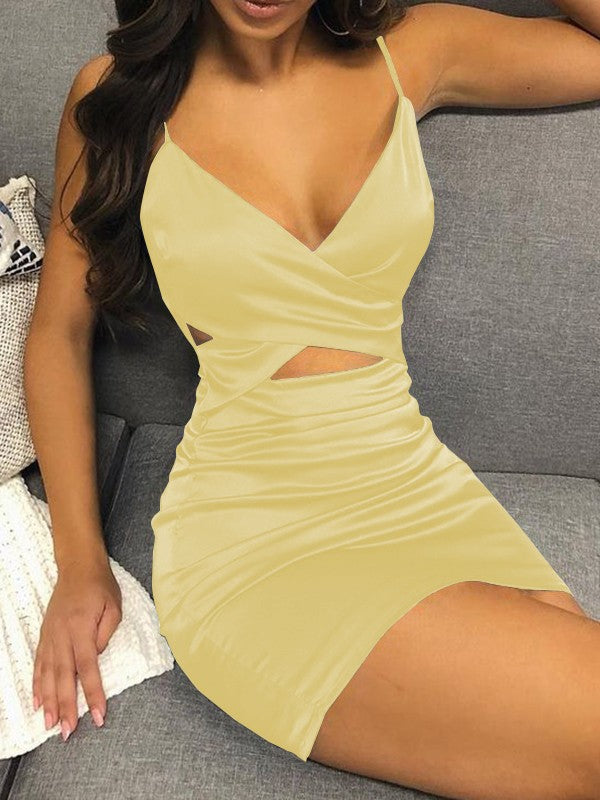 Easily Adored Sheath Elastic Woven Satin Ruched V-neck Sleeveless Short/Mini Homecoming Dress