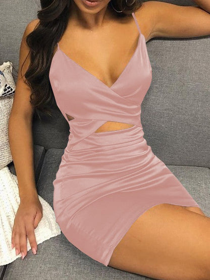 Easily Adored Sheath Elastic Woven Satin Ruched V-neck Sleeveless Short/Mini Homecoming Dress