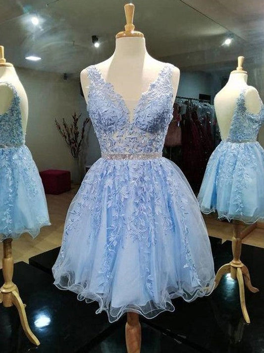 Embracing Grace Princess Style Tulle Lace V-neck Sleeveless Short/Mini Prom Dress