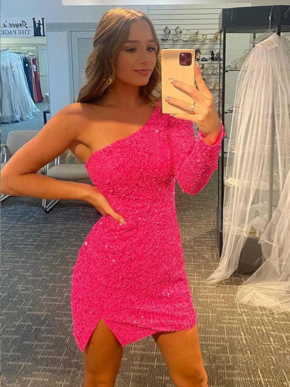 Pleased to be Me Sheath Style One-Shoulder Velvet Sequins Long Sleeves Short/Mini Prom Dress