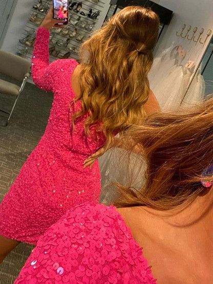 Pleased to be Me Sheath Style One-Shoulder Velvet Sequins Long Sleeves Short/Mini Prom Dress