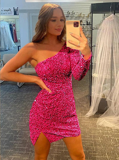 Pleased to be Me Sheath Style One-Shoulder Velvet Sequins Long Sleeves Short/Mini Prom Dress