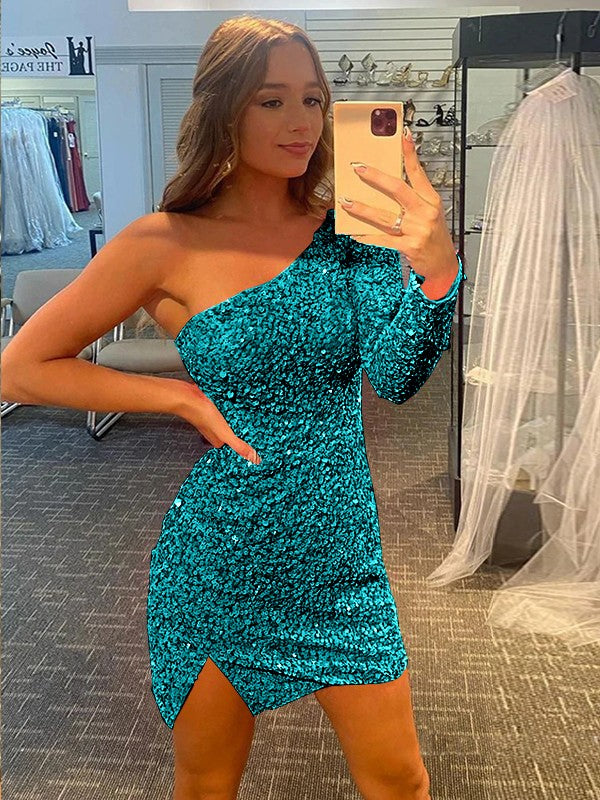 Pleased to be Me Sheath Style One-Shoulder Velvet Sequins Long Sleeves Short/Mini Homecoming Dress
