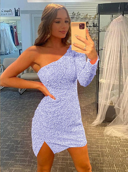 Pleased to be Me Sheath Style One-Shoulder Velvet Sequins Long Sleeves Short/Mini Homecoming Dress