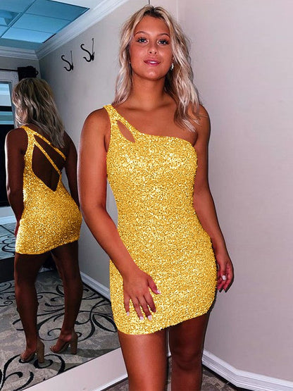 Sweet Sensation Velvet Sequins Sheath Style One-Shoulder Sleeveless Short/Mini Homecoming Dress