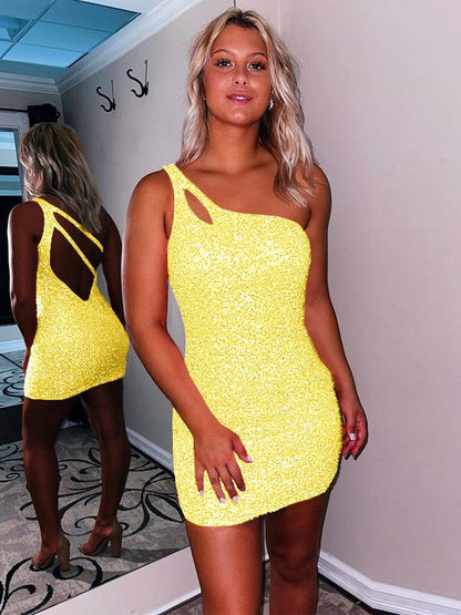 Sweet Sensation Velvet Sequins Sheath Style One-Shoulder Sleeveless Short/Mini Homecoming Dress