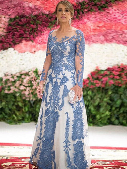 Sheath/Column Tulle Lace Scoop Long Sleeves Sweep/Brush Train Mother of the Bride Dress