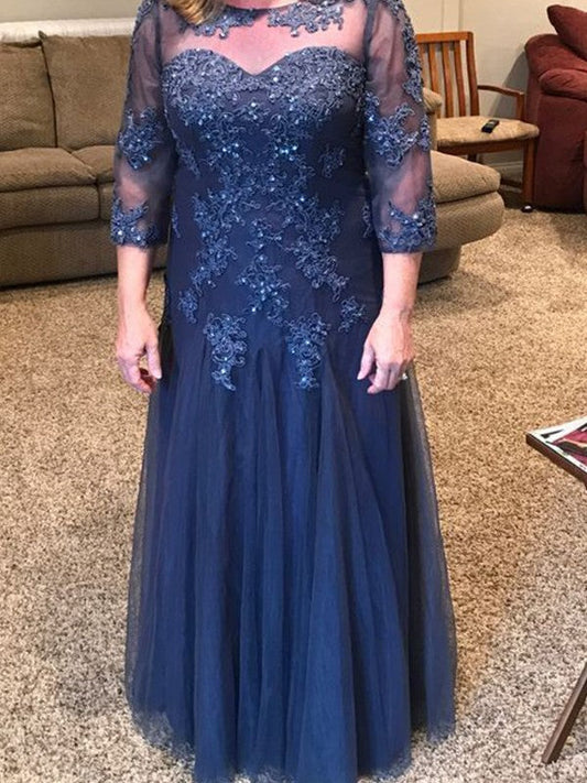 A-Line/Princess Tulle Applique Scoop 3/4 Sleeves Floor-Length Mother of the Bride Dress