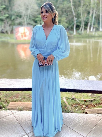 A-Line/Princess Chiffon Ruffles V-neck Long Sleeves Floor-Length Mother of the Bride Dress