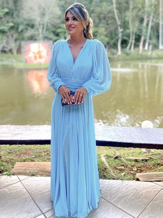 A-Line/Princess Chiffon Ruffles V-neck Long Sleeves Floor-Length Mother of the Bride Dress