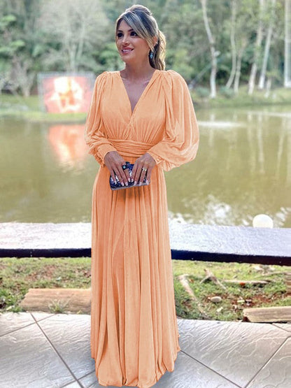 A-Line/Princess Chiffon Ruffles V-neck Long Sleeves Floor-Length Mother of the Bride Dress