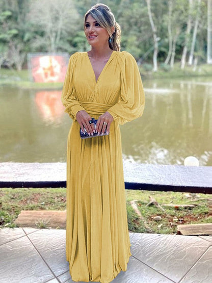 A-Line/Princess Chiffon Ruffles V-neck Long Sleeves Floor-Length Mother of the Bride Dress
