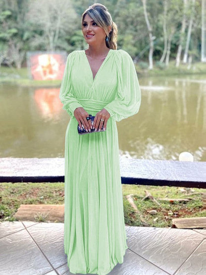 A-Line/Princess Chiffon Ruffles V-neck Long Sleeves Floor-Length Mother of the Bride Dress