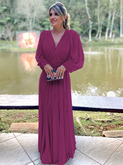 A-Line/Princess Chiffon Ruffles V-neck Long Sleeves Floor-Length Mother of the Bride Dress