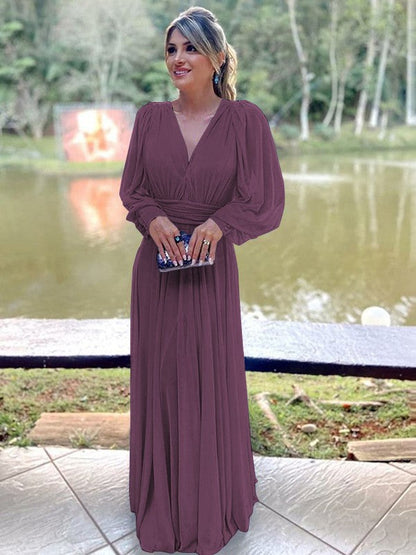 A-Line/Princess Chiffon Ruffles V-neck Long Sleeves Floor-Length Mother of the Bride Dress