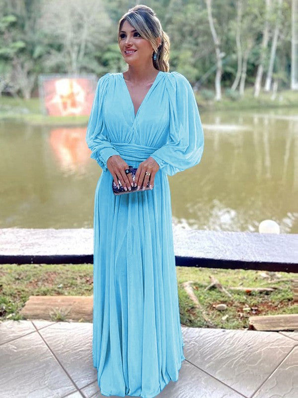 A-Line/Princess Chiffon Ruffles V-neck Long Sleeves Floor-Length Mother of the Bride Dress