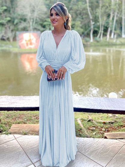 A-Line/Princess Chiffon Ruffles V-neck Long Sleeves Floor-Length Mother of the Bride Dress